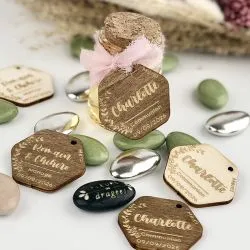 Étiquette dragées bois / Finition chocolat - Hexa