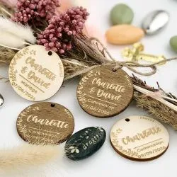 Étiquette dragées bois / Finition chocolat - Ronde