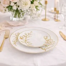 Assiette Fleur Réutilisable - Liseré Doré - Lot de 10