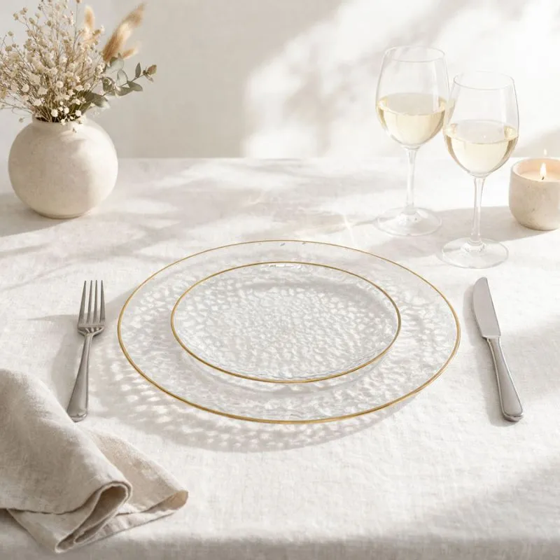 Lot de 16 Assiettes Réutilisables Transparentes Bord Doré
