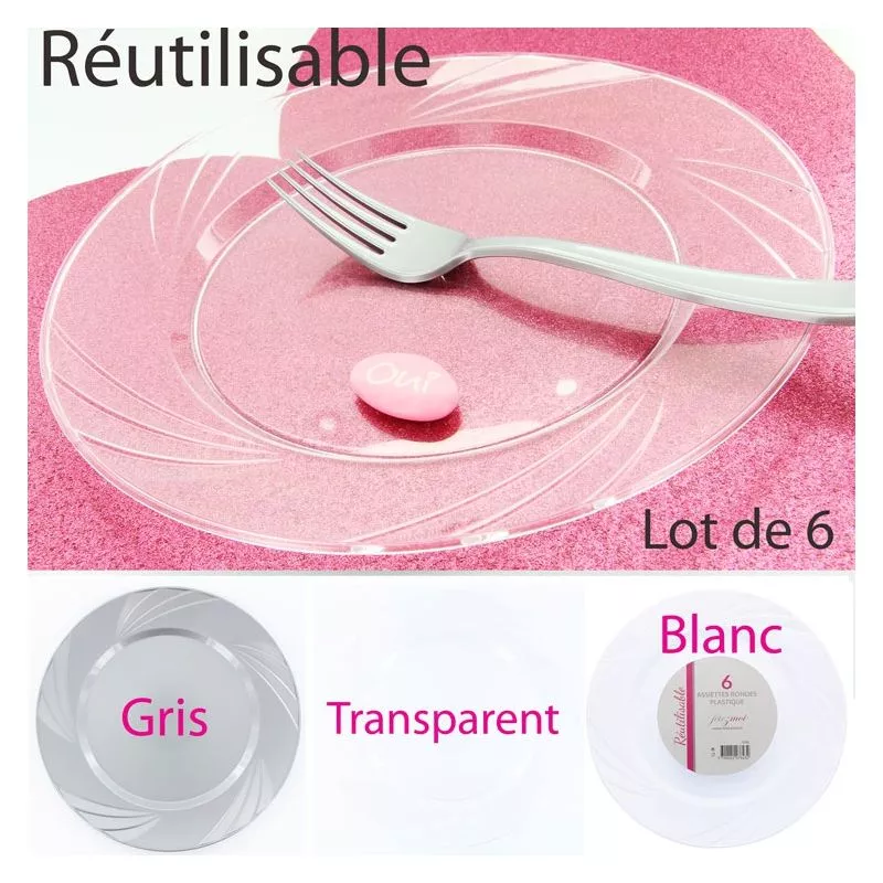 Assiette en plastique tranparente reutilisable, vaisselle jetable