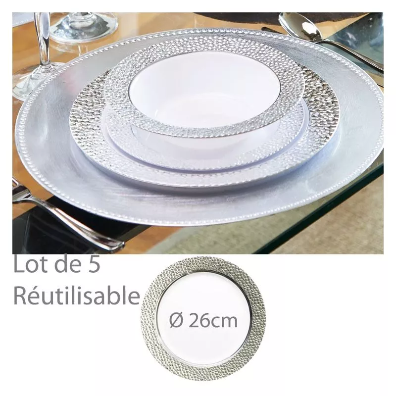 Assiette reutilisable argentée Pretige 26cm (lot de 5)